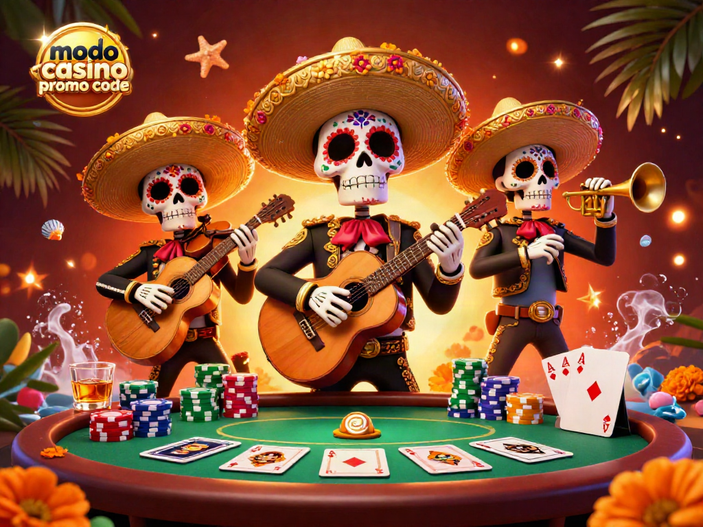 Spin and win with modo casino promo code in a vibrant poker scene featuring Day of the Dead characters.