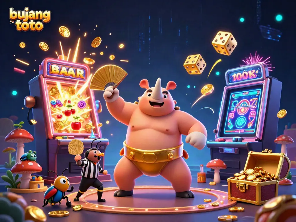 Engage with bujang toto in a dynamic scene, featuring a powerful beetle and slot machines bursting with excitement.