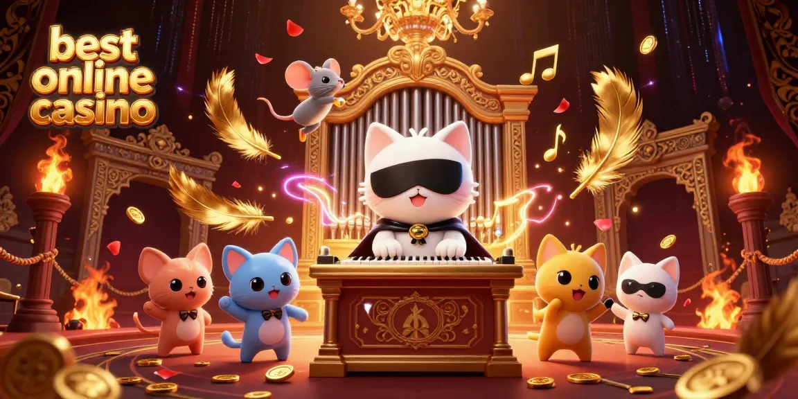 Engaging scene at the best online casino featuring a phantom cat, mouse acrobat, gold coins, and musical notes.