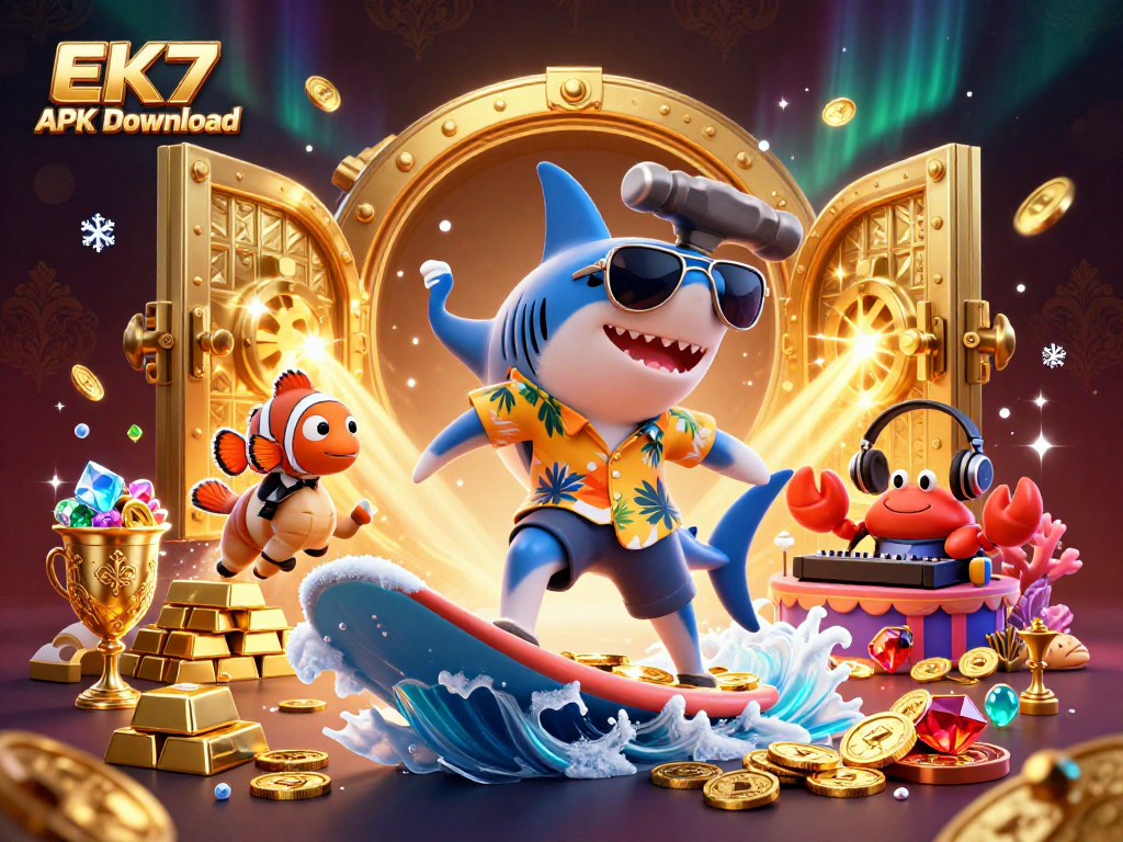 Engage in thrilling gaming adventures with the EK7 APK Download featuring a vibrant casino scene.