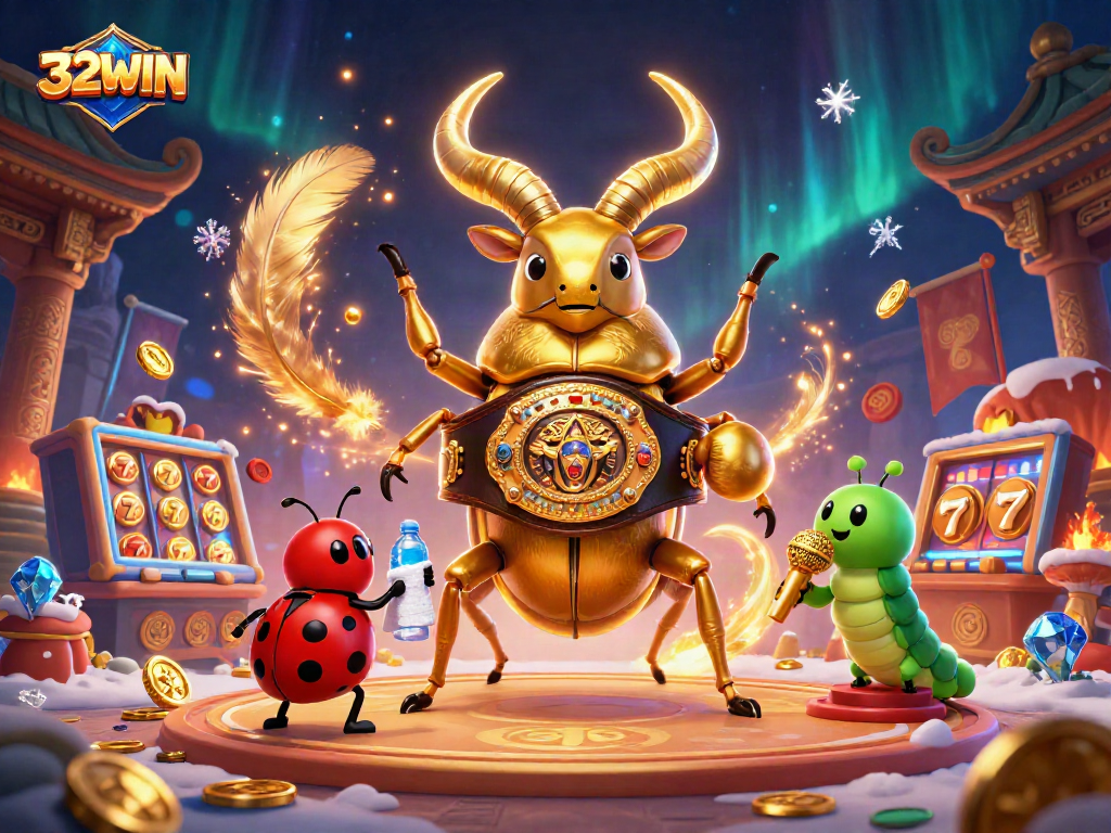 Experience the thrill of 32WIN with a giant golden stag beetle and ladybug in a vibrant casino