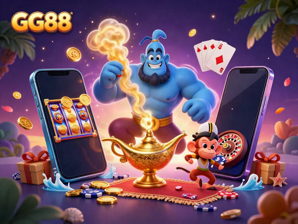 Experience the excitement of GG88 with vibrant casino elements and characters in a dynamic 3D scene.