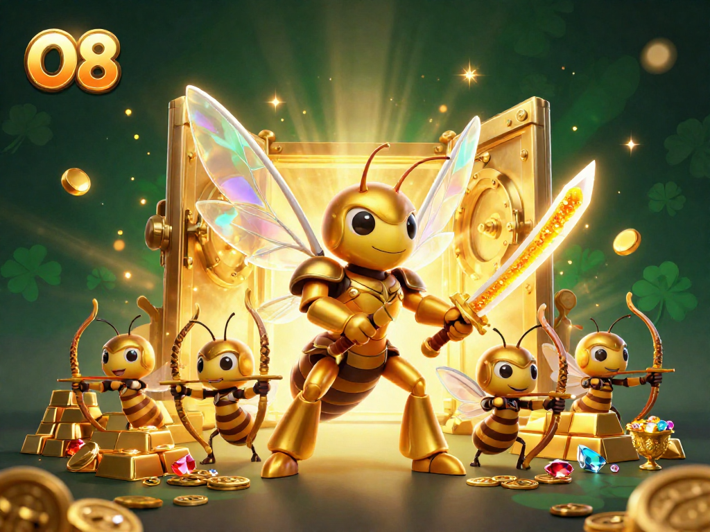 O8 players enjoy thrilling slots with a dynamic 3D golden hornet and treasure in casino scene.