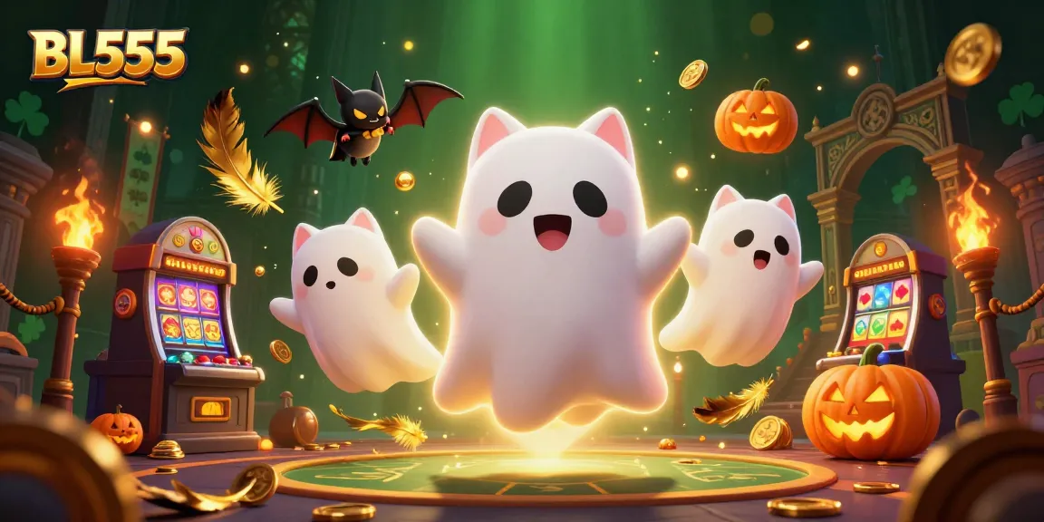 Experience thrilling games at BL555 in a vibrant haunted casino scene with festive characters.
