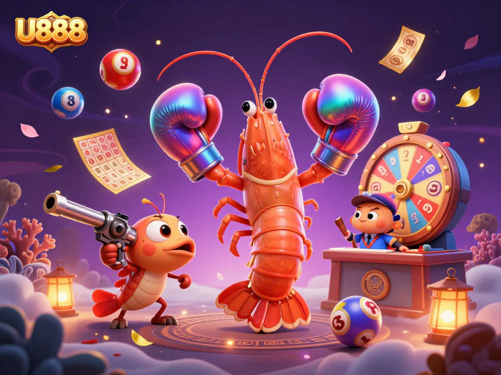 Experience vibrant U888 gameplay with colorful lottery balls and animated casino characters.