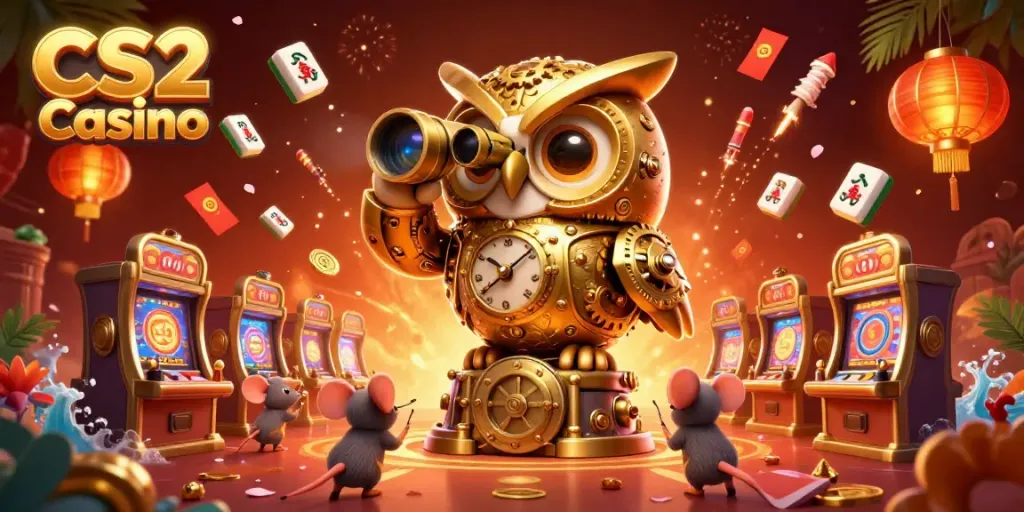 Engage in the CS2 Casino experience with a clockwork owl and vibrant game elements.