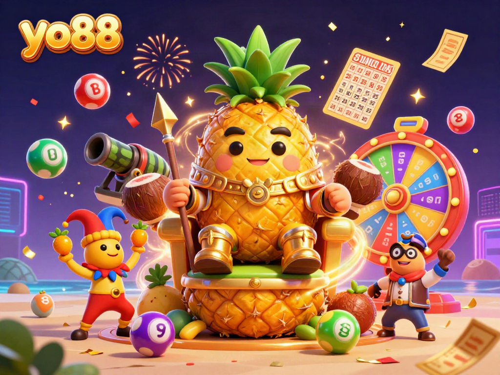 Experience gaming excitement with yo88 at a vibrant 3D casino scene featuring colorful lottery elements.