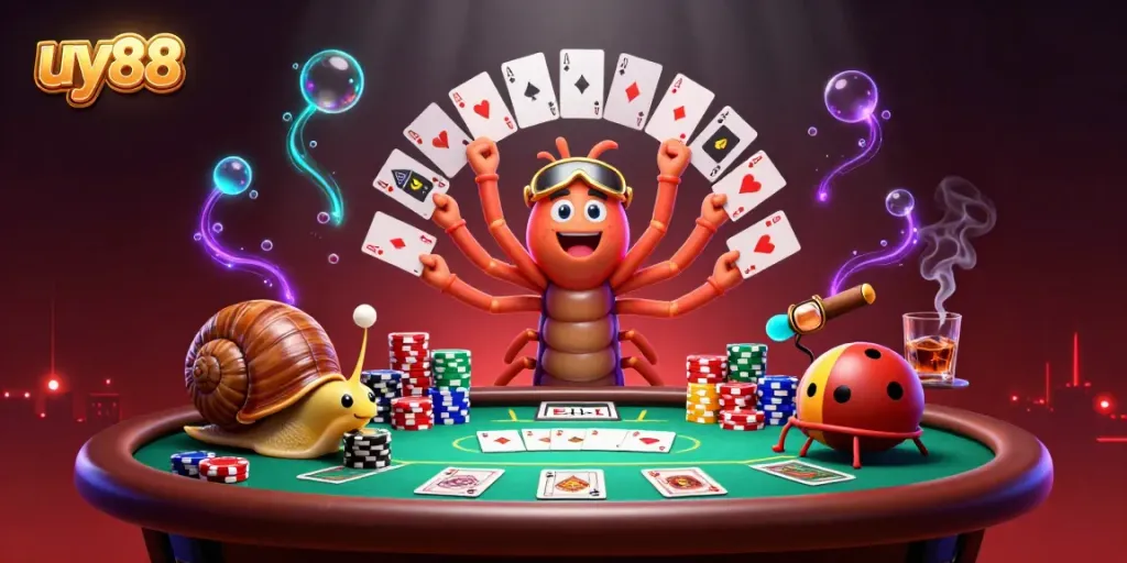 Engage with the thrilling uy88 casino experience as a millipede dealer showcases cards alongside high-rolling characters.