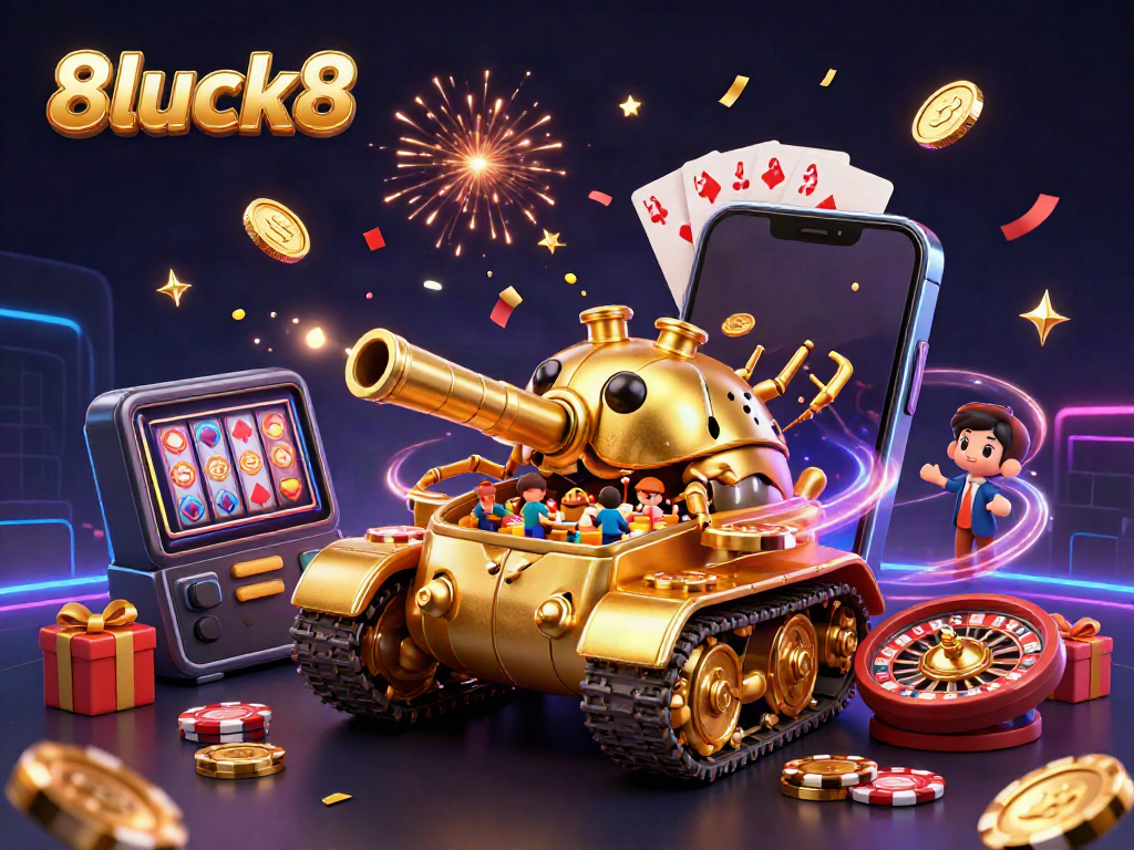 Experience the excitement of 8luck8's vibrant online casino with a dynamic 3D scene featuring slot games and golden beetles.