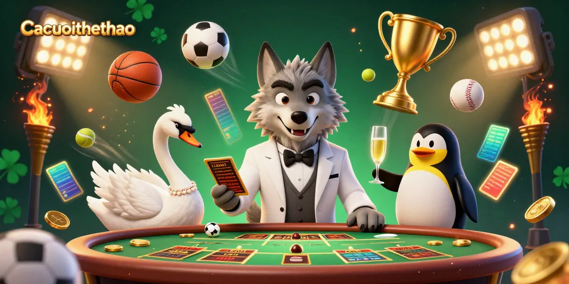 Engage with Cacuocthethao's vibrant sports betting scene featuring dynamic characters and energetic elements.