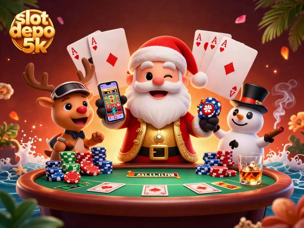 Play exciting games at slot depo 5k with Santa and friends celebrating jackpot wins.