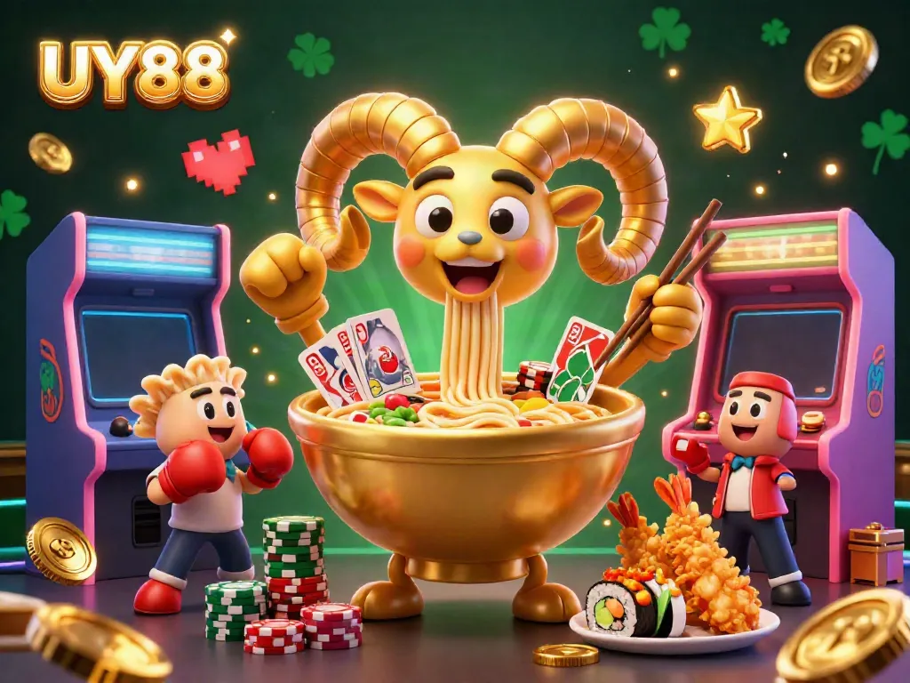 Engage with the vibrant UY88 casino scene featuring dynamic 3D characters and gaming elements.