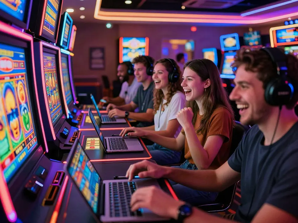 AkujnJP online gaming scene with players enjoying slot games in a vibrant virtual casino atmosphere