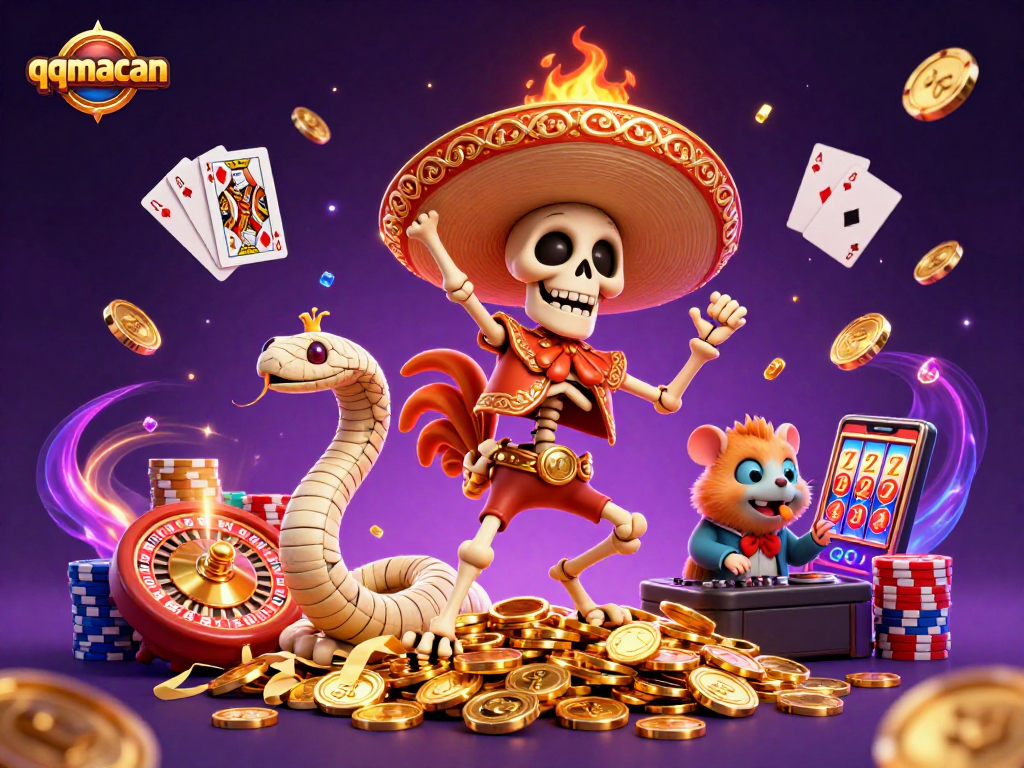 Celebrate wins with qqmacan's vibrant casino scene featuring a jubilant mariachi rooster and dazzling casino elements.