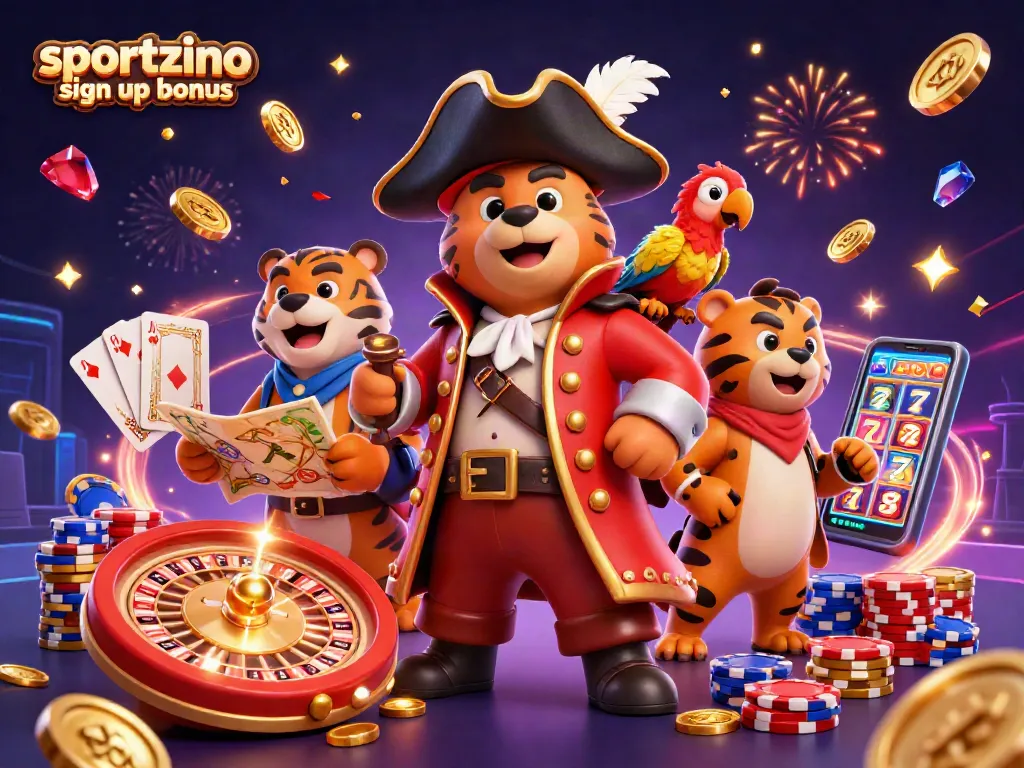Engage with the sportzino sign up bonus featuring a pirate bear, tiger, and treasures in a casino scene.