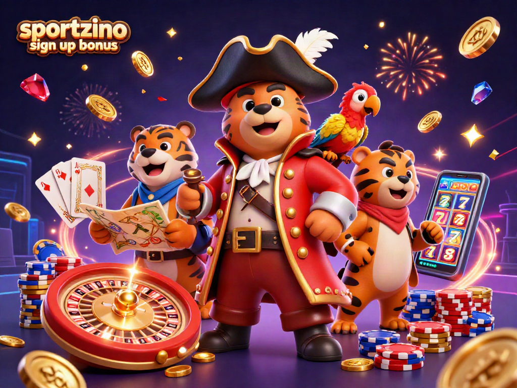 Engage with the sportzino sign up bonus featuring a pirate bear, tiger, and treasures in a casino scene.
