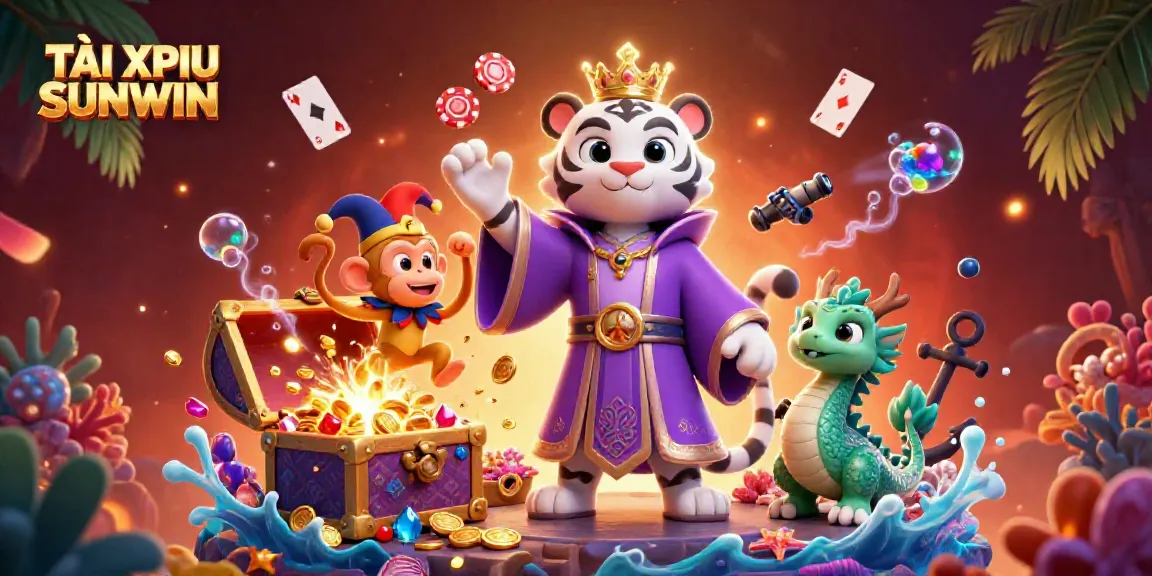 TÀI XỈU SUNWIN showcases a lively scene with a white tiger, golden monkey, and a jade dragon in a casino backdrop.