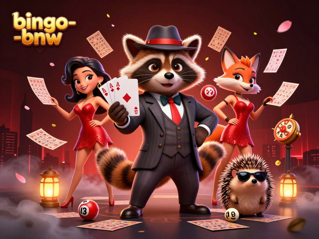 Play thrilling bingo-bnw with vibrant characters and prize elements in an exciting digital illustration.