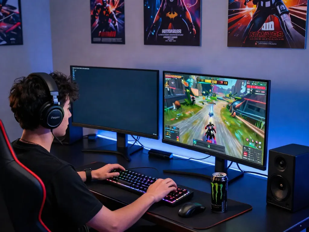 Engaged gamer experiencing Batman138 with dual monitors and immersive atmosphere.