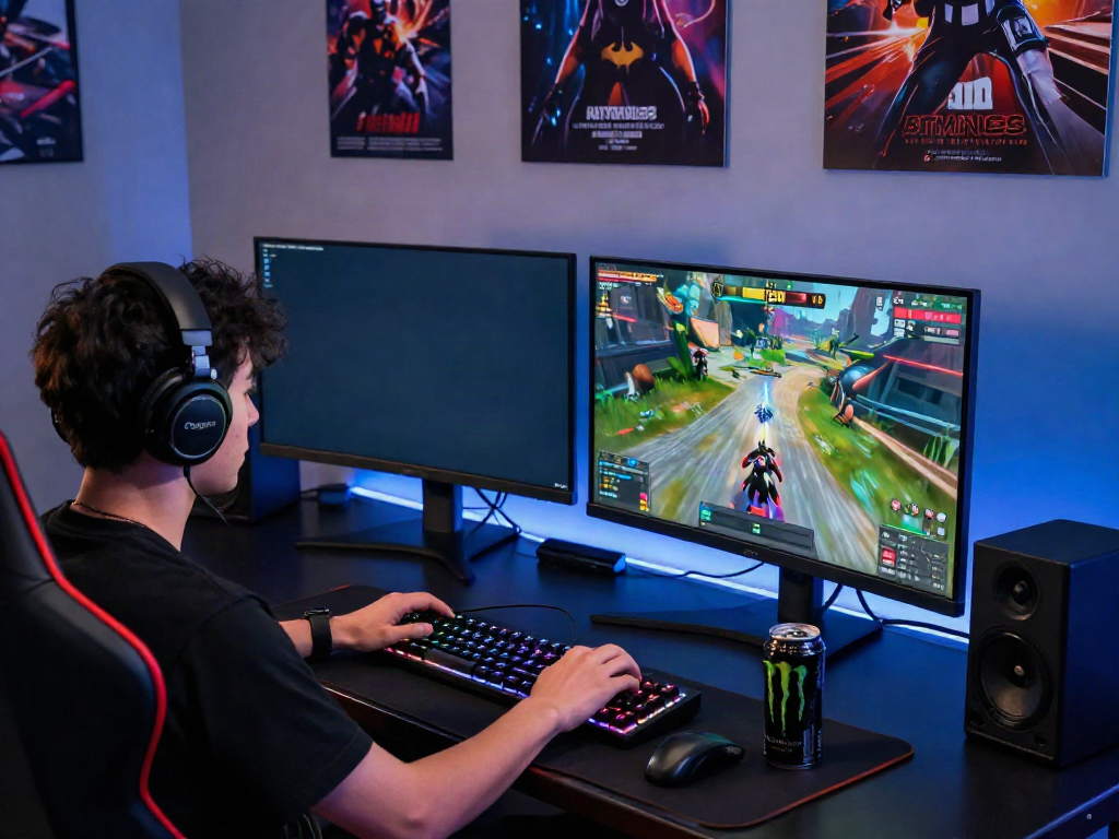 Engaged gamer experiencing Batman138 with dual monitors and immersive atmosphere.