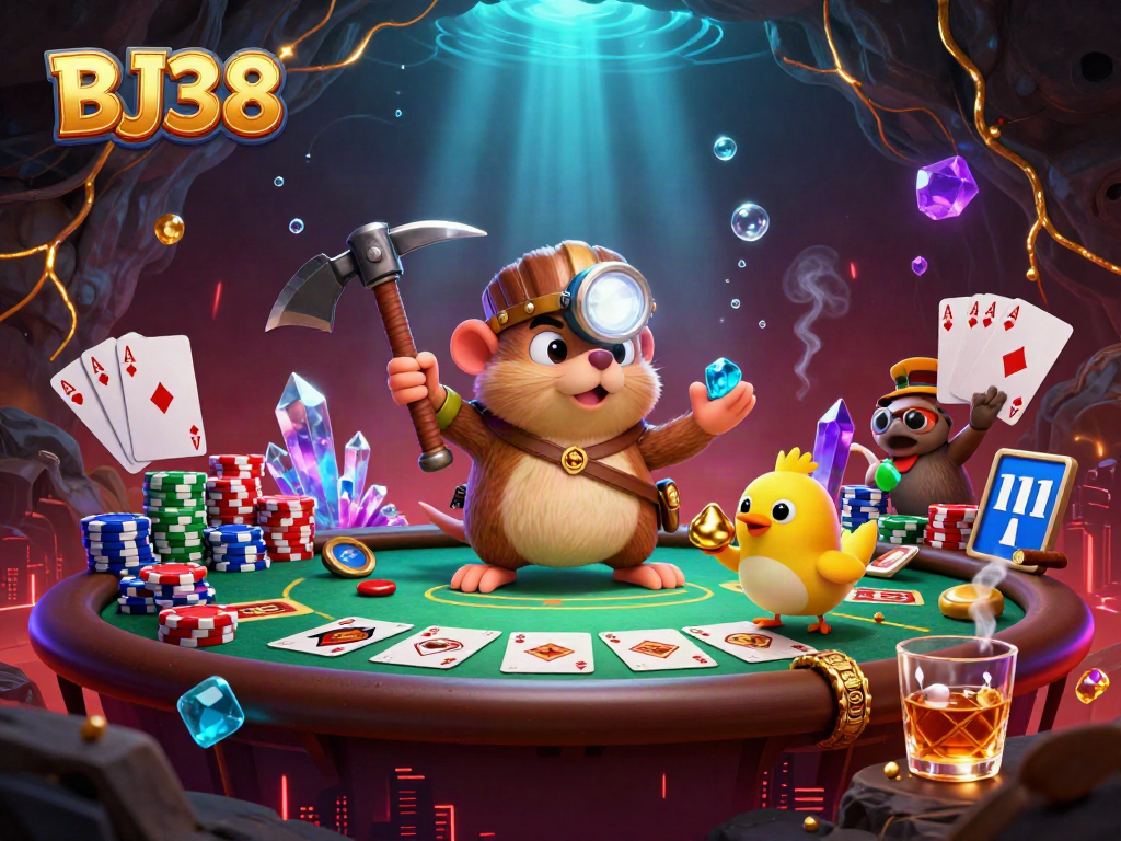Join the treasure hunter mole and canary as they play thrilling poker in a dazzling cave of gems and gold, BJ38 theme.