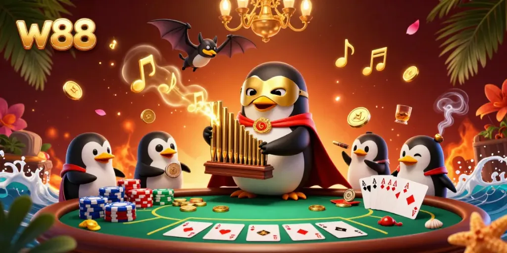 Experience the vibrant w88 casino scene with a phantom penguin playing an organ as coins fly.