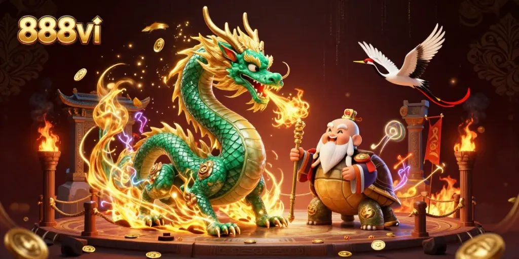 Experience the immersive fun of 888vi with vibrant dragons and lucky symbols in a dynamic casino scene.