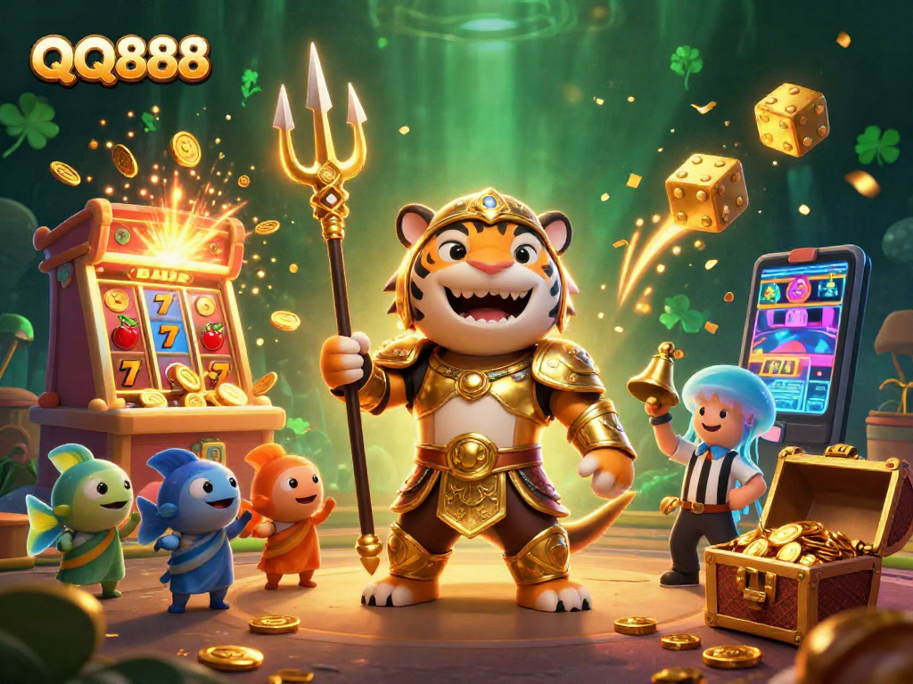 Engage with QQ888's vibrant 3D illustration showcasing thrilling casino adventures with dynamic elements.
