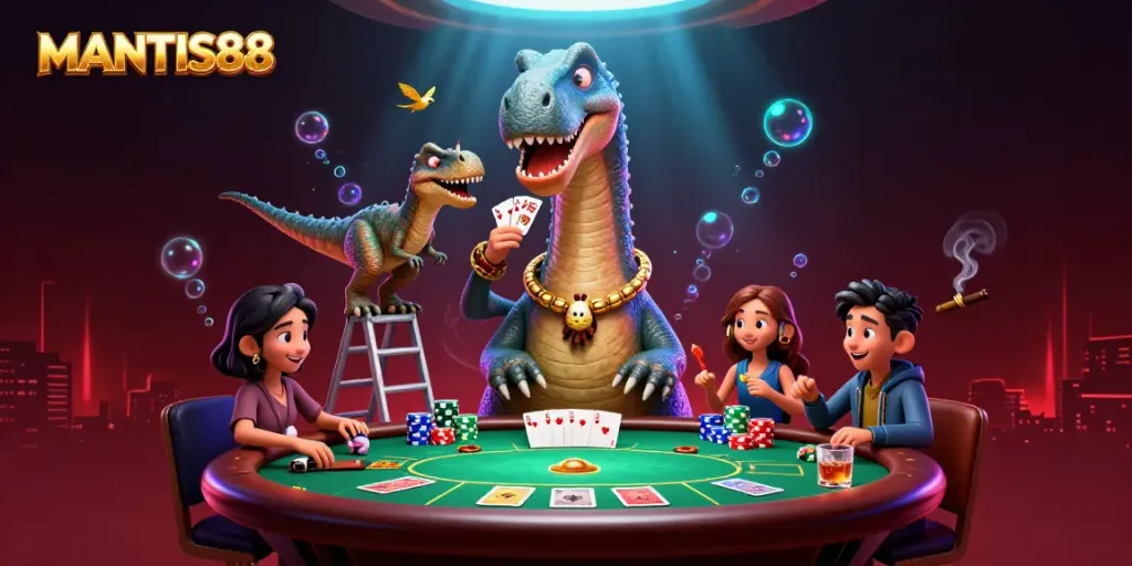 MANTIS88 casino scene with a brontosaurus and raptor dealer amidst vibrant poker action