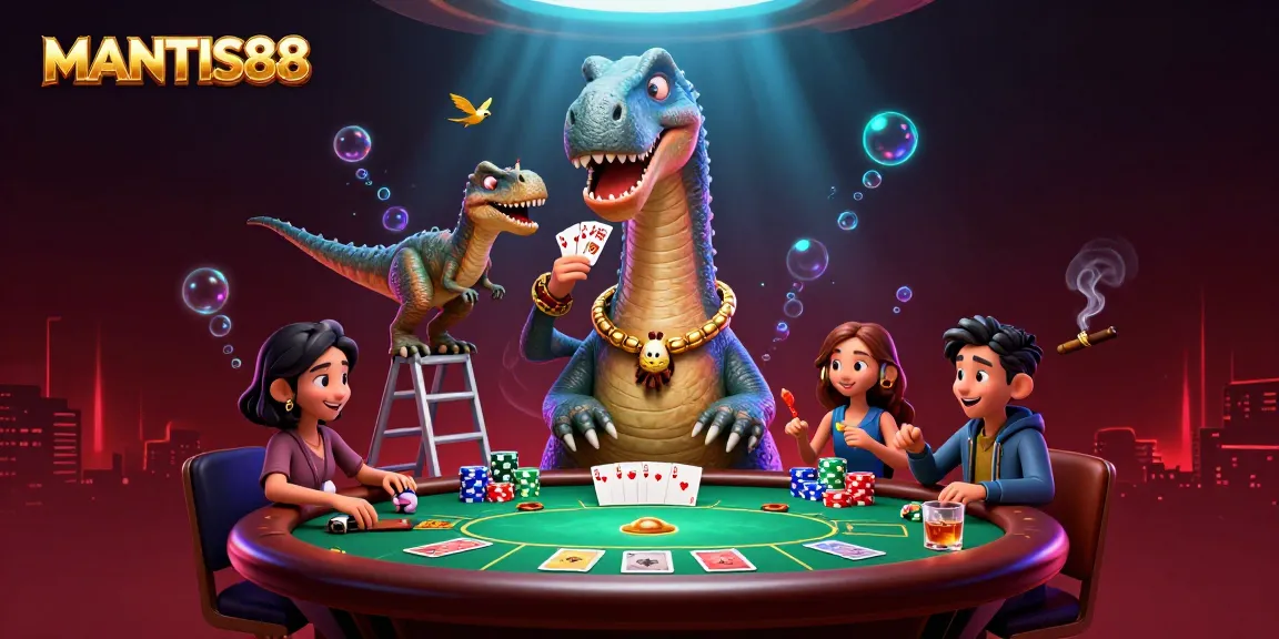 MANTIS88 casino scene with a brontosaurus and raptor dealer amidst vibrant poker action