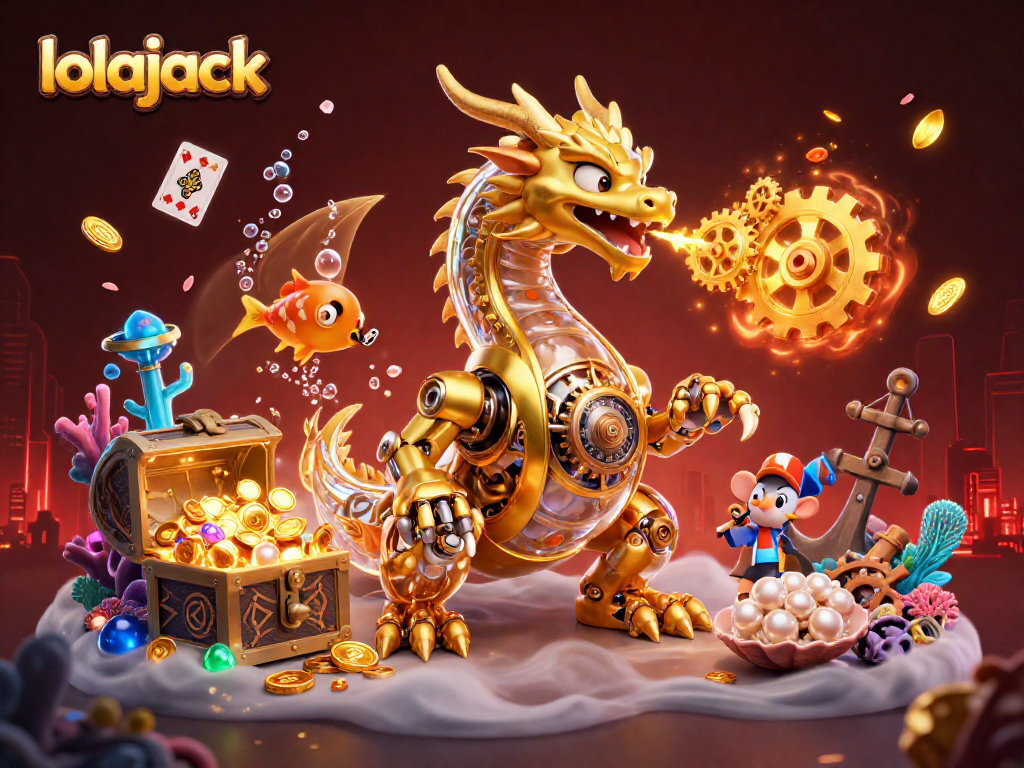 Engage with the thrilling world of lolajack as a golden dragon breathes gears amidst vibrant casino elements.