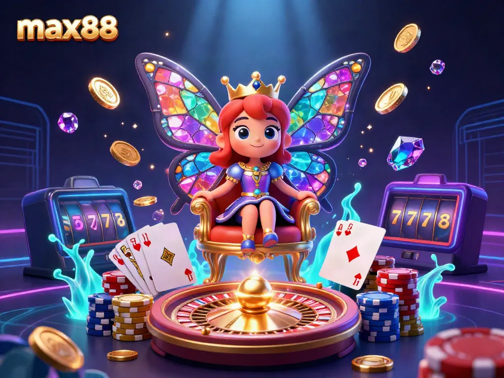 Enter the world of max88, where a vibrant butterfly queen presides over a dazzling casino realm with gold coins and gleaming poker chips.