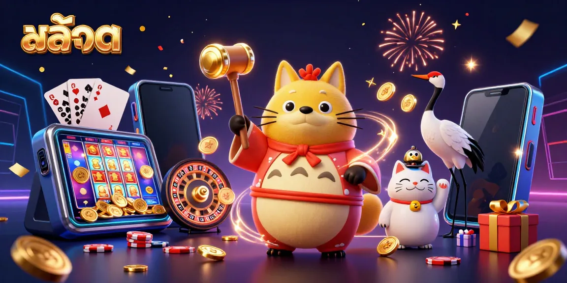 Experience the excitement of สล็อต with a vibrant scene featuring a cheerful tanuki, crane companion, and fortune cats amidst dynamic gaming elements.