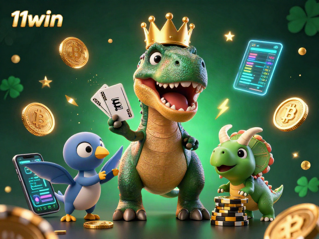 Engage with 11win as the friendly T-Rex and team shuffle cards in a vibrant casino scene.
