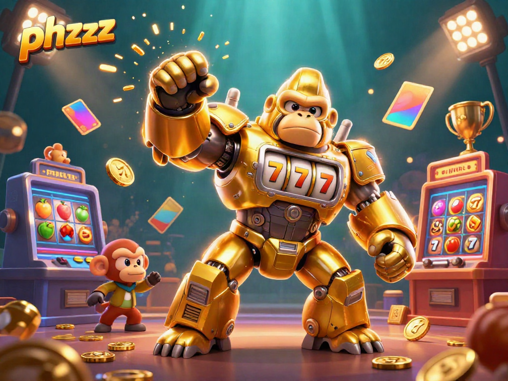 Experience thrilling phzzz gameplay with a golden gorilla mech surrounded by exploding coins and vibrant slots.