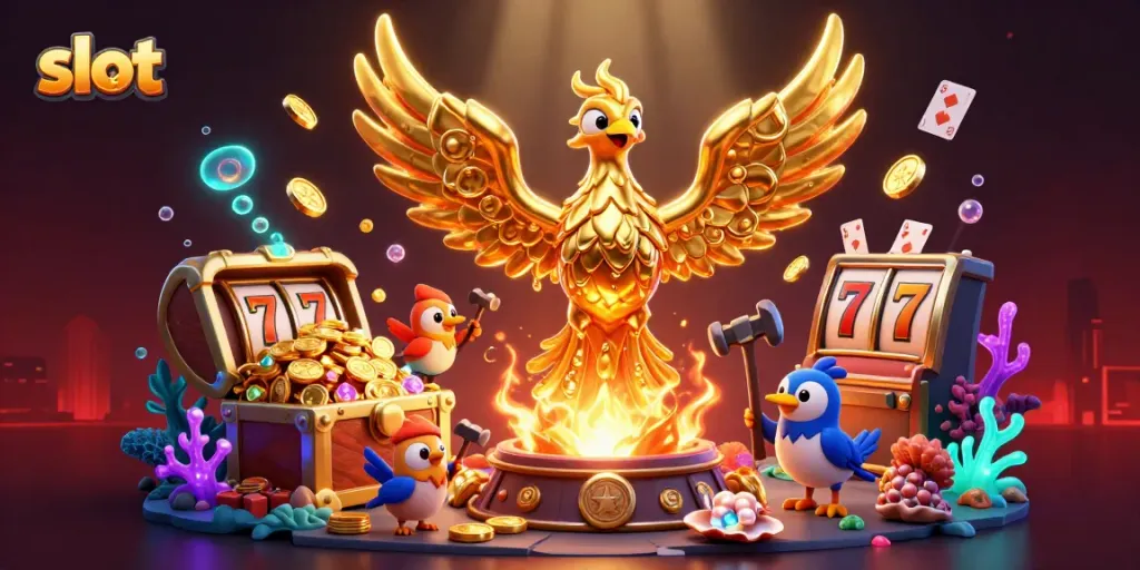 Experience the thrill of slot machines with a stunning phoenix and gold treasure design.