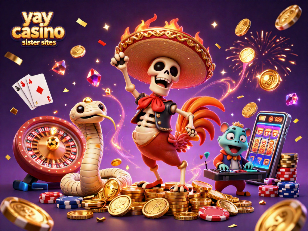 Celebrate wins at yay casino sister sites with a festive illustration featuring casino-themed characters and elements.
