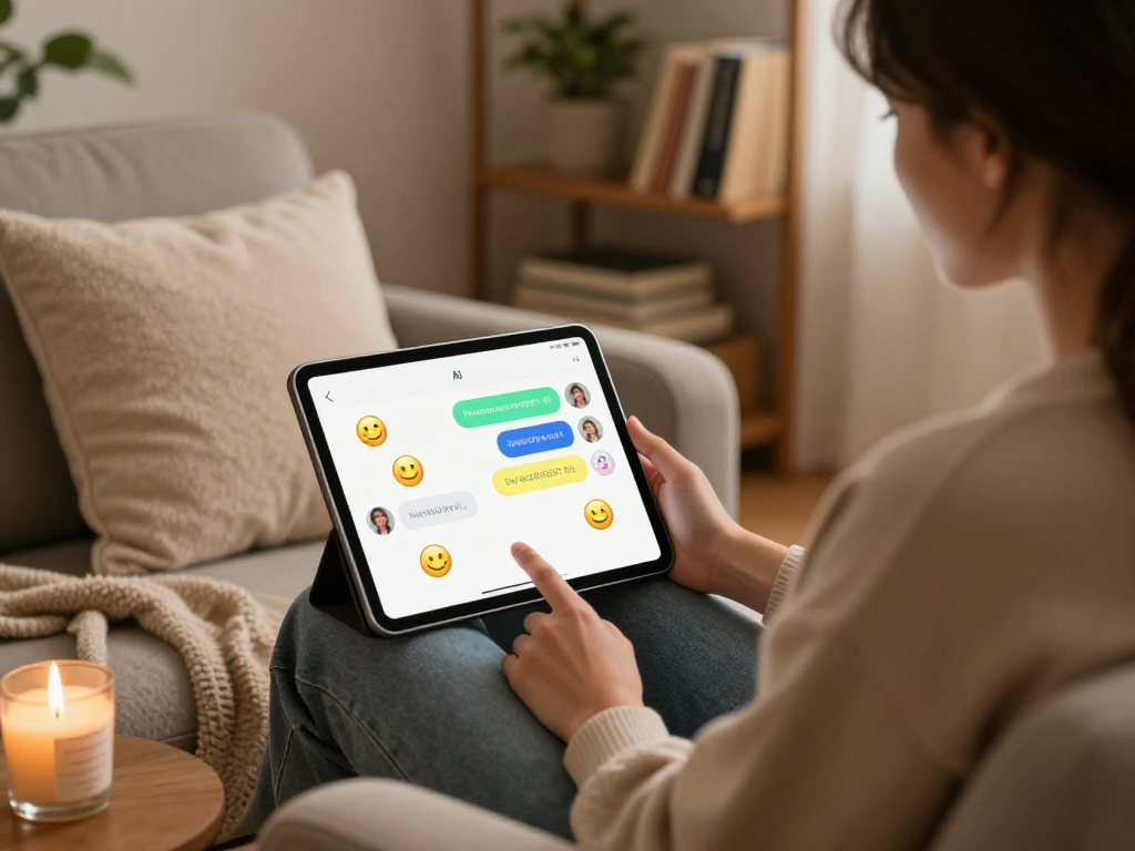 Engaging ai chat porn experience on a tablet in a cozy setting