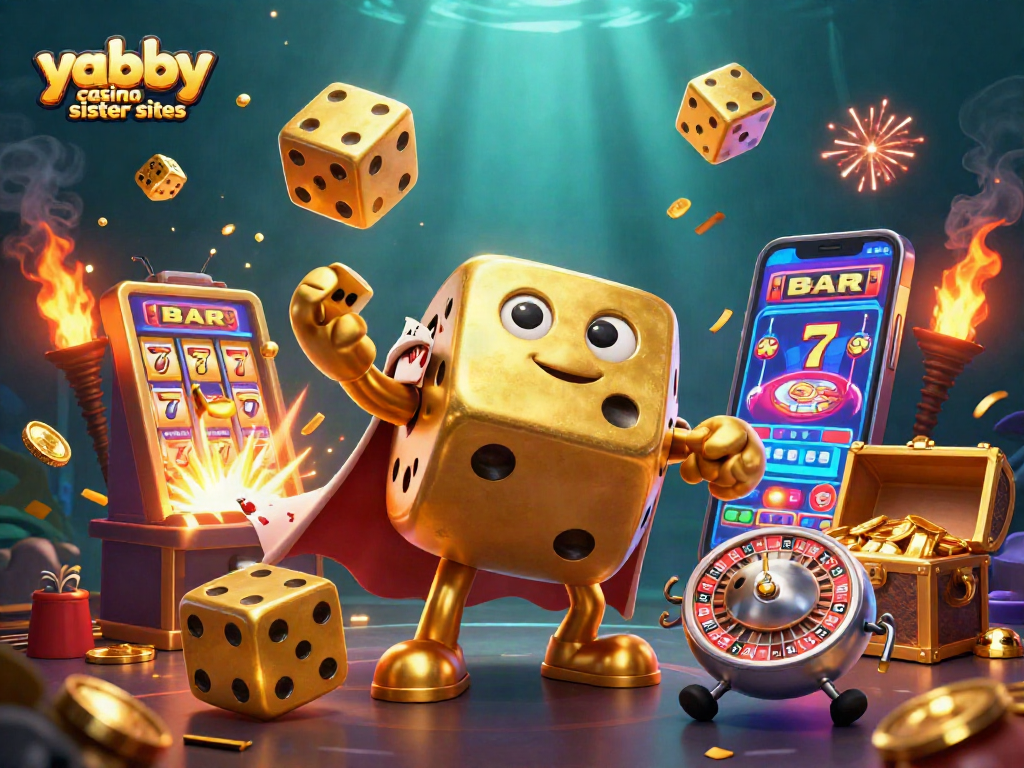 Experience the excitement of yabby casino sister sites with vibrant 3D golden dice and jackpot scenes.