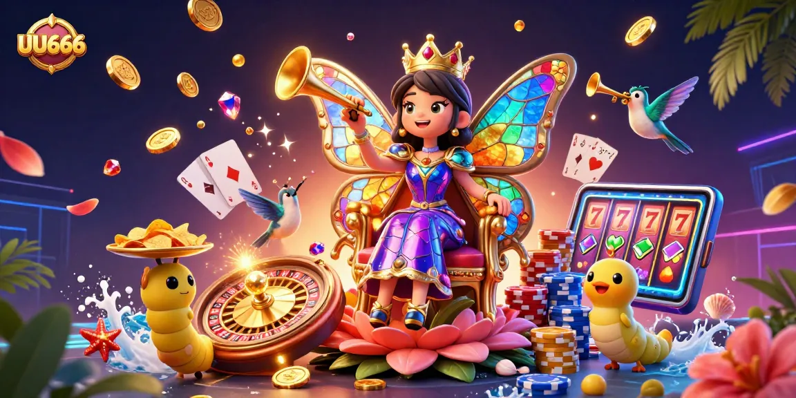 Engage in thrilling gaming experiences at UU666 with vibrant colorful casino elements and characters.