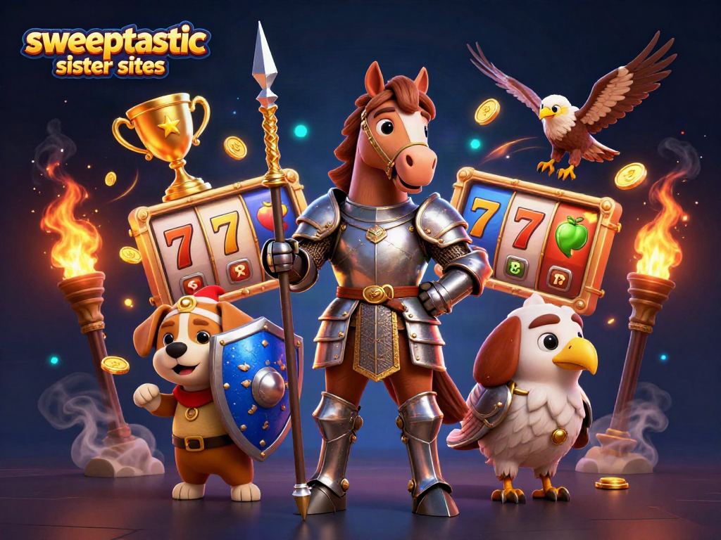 Engage with Sweeptastic sister sites through an exciting gaming adventure featuring slot reels and dynamic characters.