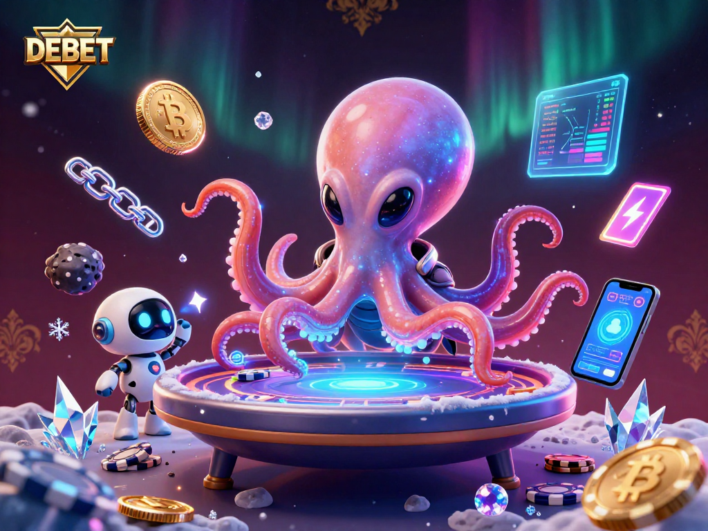 Join the DEBET adventure as an alien octopus plays holographic poker in a vibrant cosmic casino.