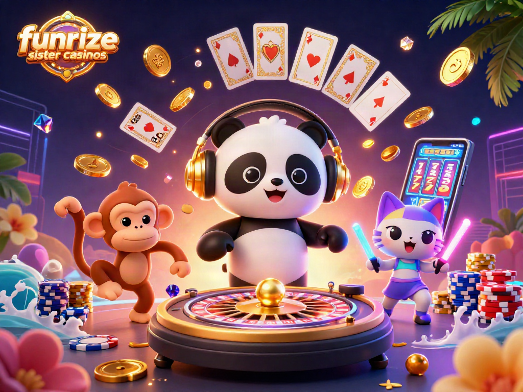 Experience funrize sister casinos through a vibrant 3D illustration of a lively casino scene.