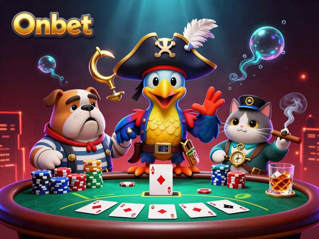 Onbet poker scene featuring a parrot captain, bulldog first mate, and cat navigator amidst vibrant chips and cards.