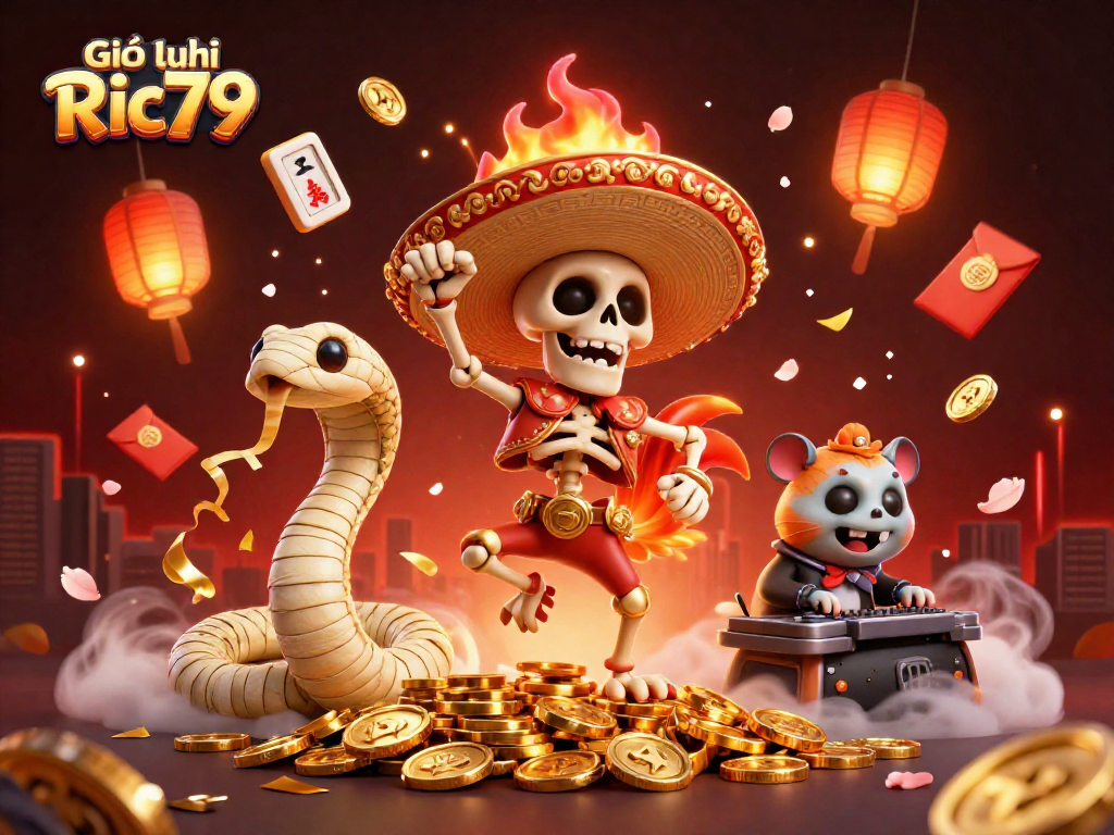 Experience Giới thiệu Ric79 with a vibrant casino scene featuring a dancing rooster, mummy snake, and DJ hamster.