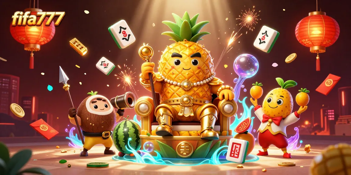 Experience the vibrant casino excitement with fifa777, featuring a golden pineapple king and lively casino elements.