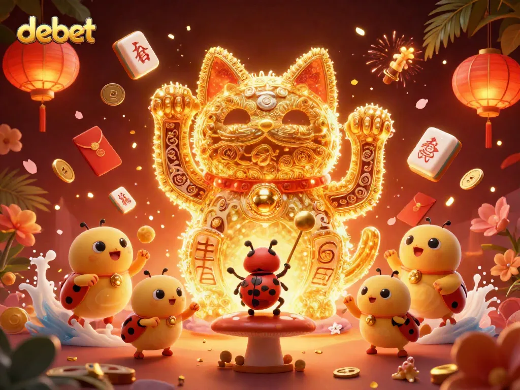 Catch the excitement with debet's vibrant lucky cat formation and enchanting floating symbols.