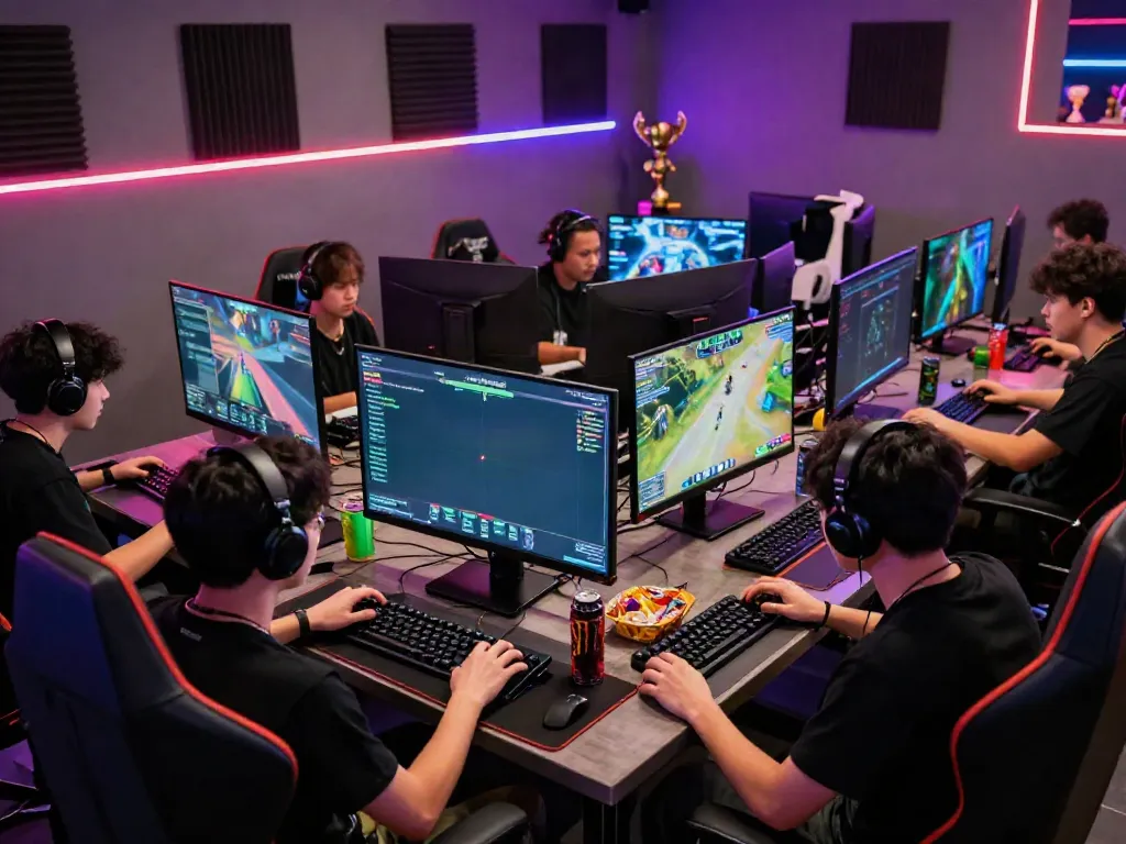 Players immersed in qqmacan gaming session with vibrant monitors.