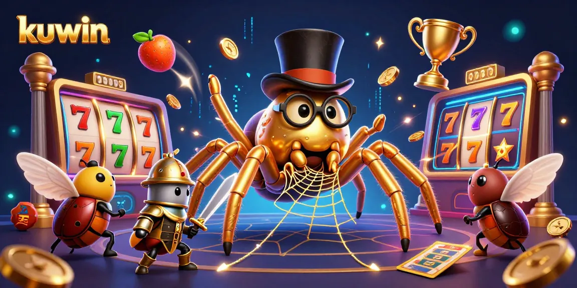 Kuwin's vibrant casino scene showcases thrilling slot reels and a brave beetle knight.