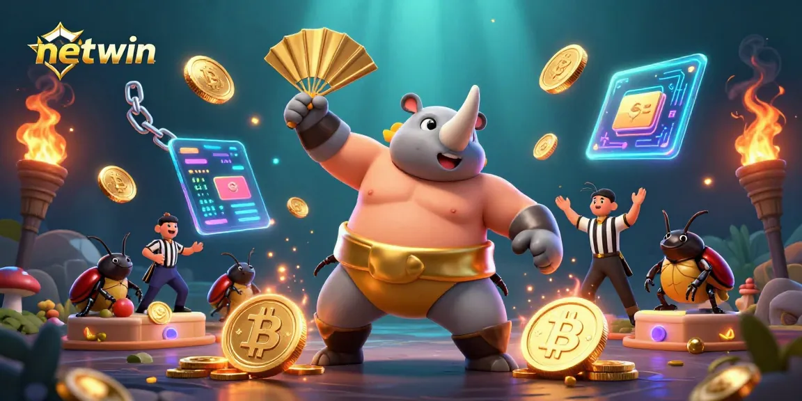 Join the fun at Netwin with a vibrant 3D illustration showcasing a sumo beetle champion and exciting crypto elements.